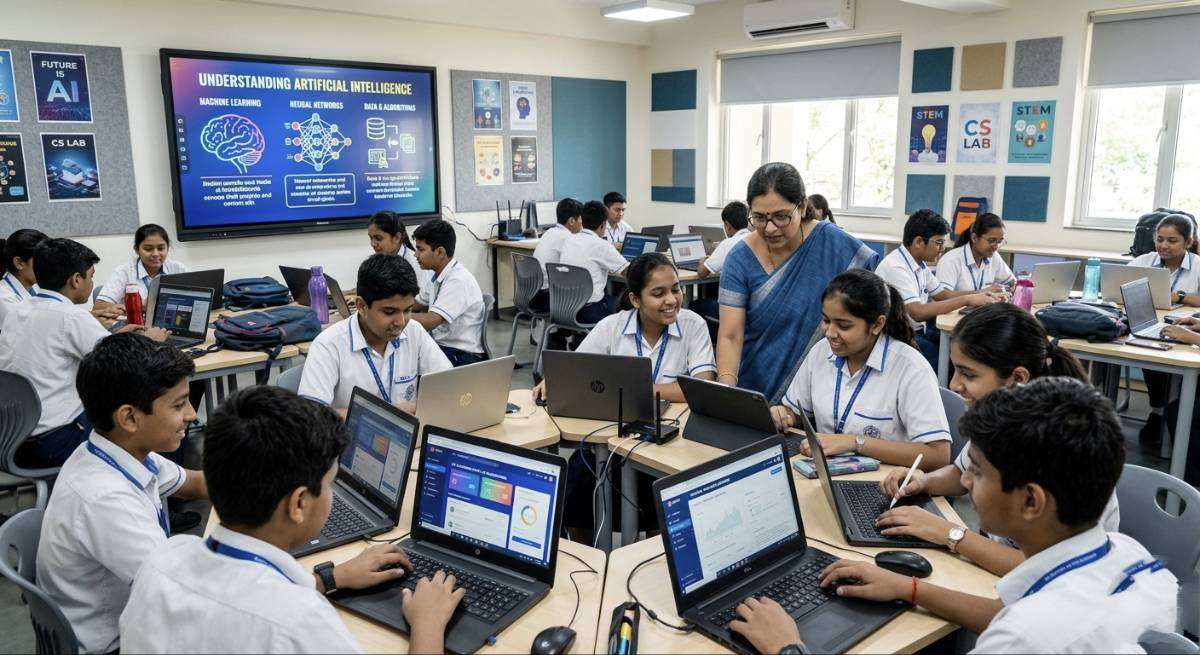 Students using AI-powered learning tools in a smart classroom in India