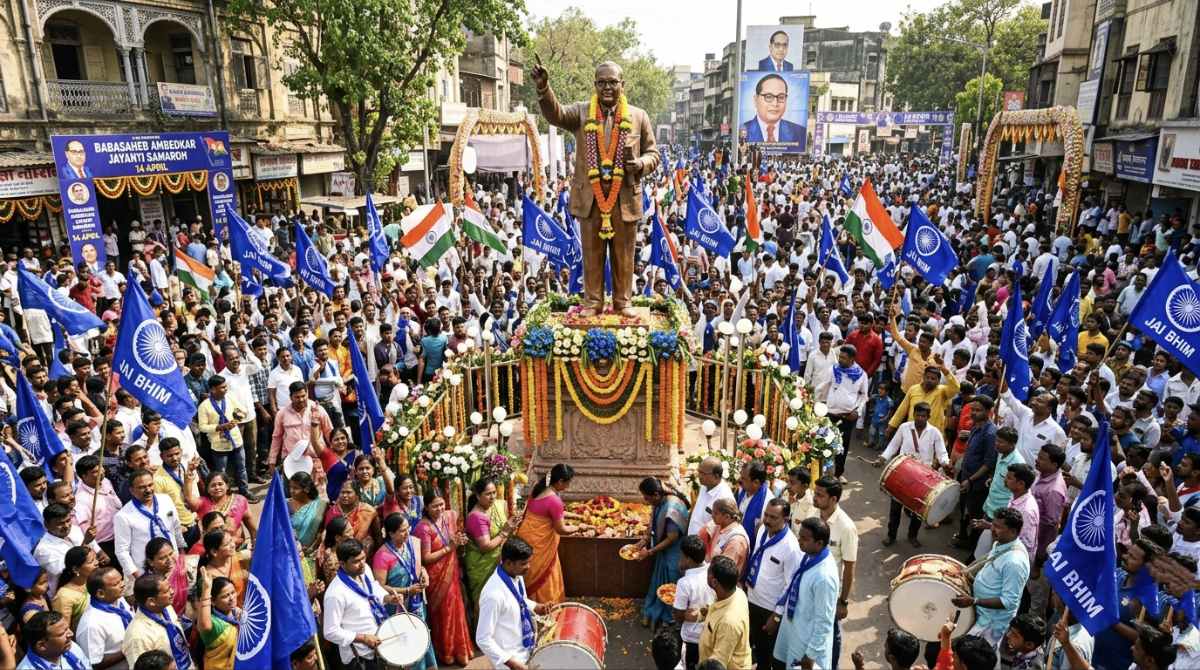 People celebrating Ambedkar Jayanti with statue tribute RAAD WORLD AI Generate Image India