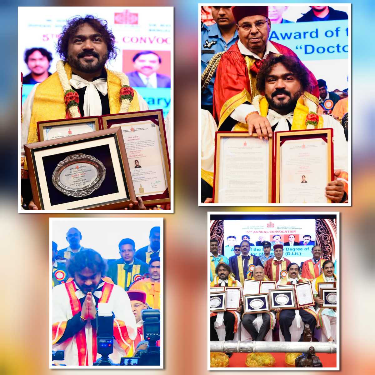 Arjun Janya receiving honorary doctorate at Bengaluru City University convocation 2026 holding certificate and plaque with dignitaries on stage