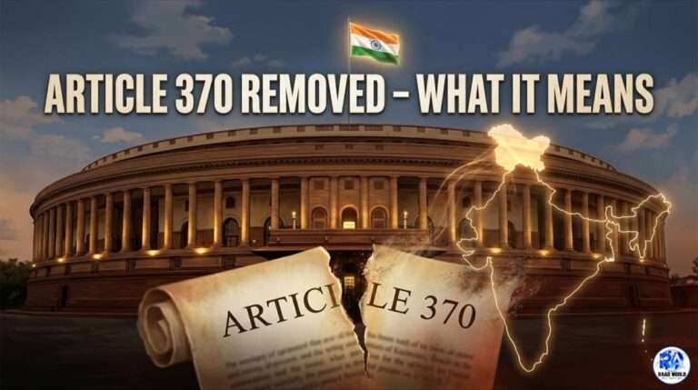 Article 370 removal illustration showing Indian Parliament and Jammu and Kashmir integration into India