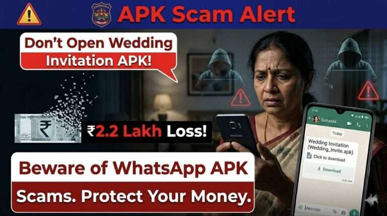 Belagavi APK scam warning showing fake wedding invitation file causing bank fraud on smartphone