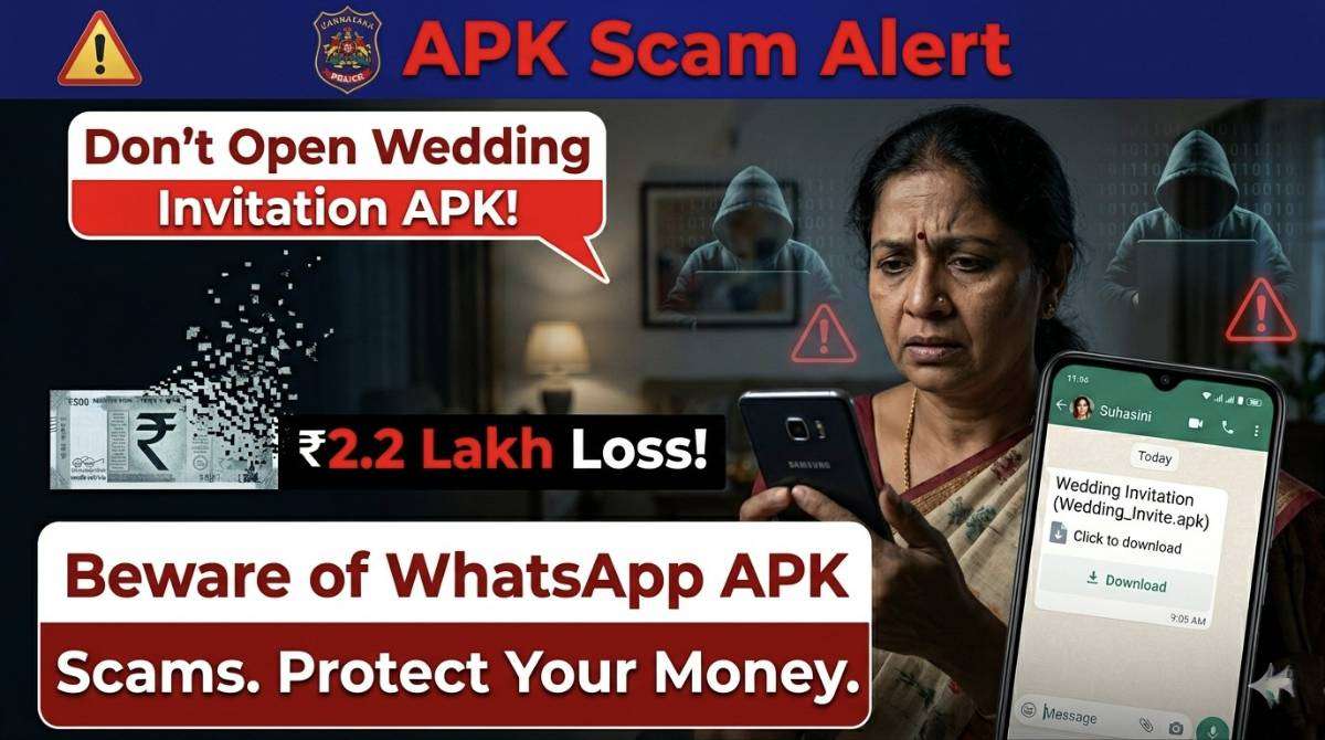 Belagavi APK scam warning showing fake wedding invitation file causing bank fraud on smartphone