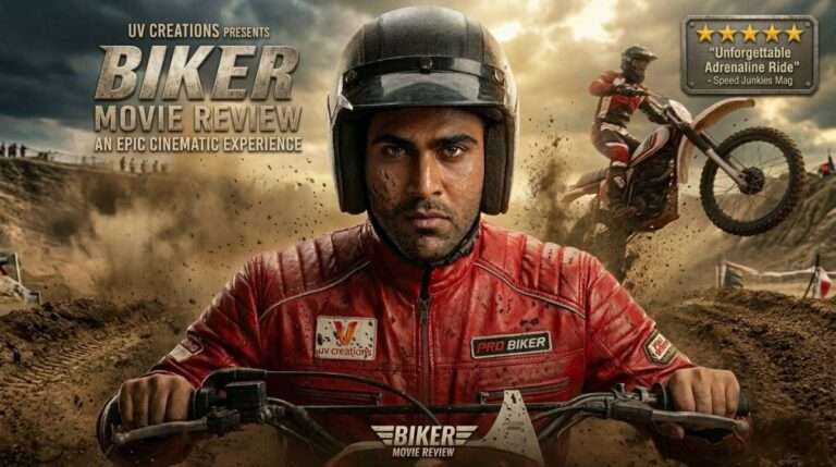 Sharwanand Biker movie poster with motocross racing theme