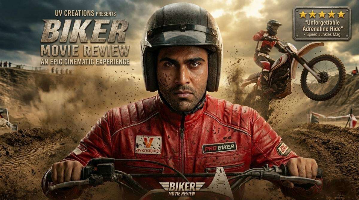 Sharwanand Biker movie poster with motocross racing theme