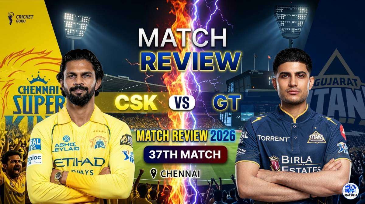 CSK vs GT IPL 2026 match review thumbnail showing players from Chennai Super Kings and Gujarat Titans with stadium background