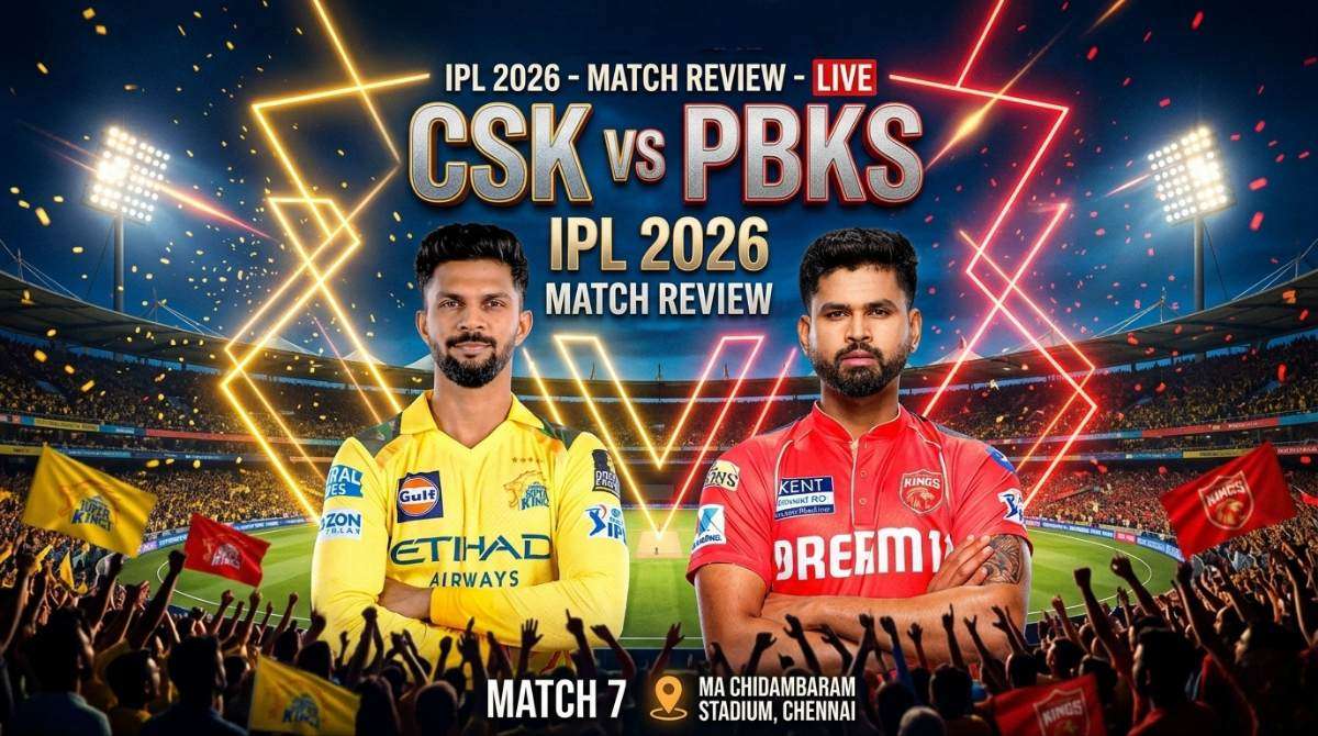 CSK vs PBKS IPL 2026 match poster with players in yellow and red jerseys under stadium lights