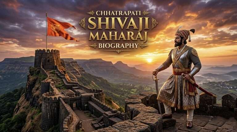 Shivaji Maharaj standing on Raigad Fort with saffron flag and sword