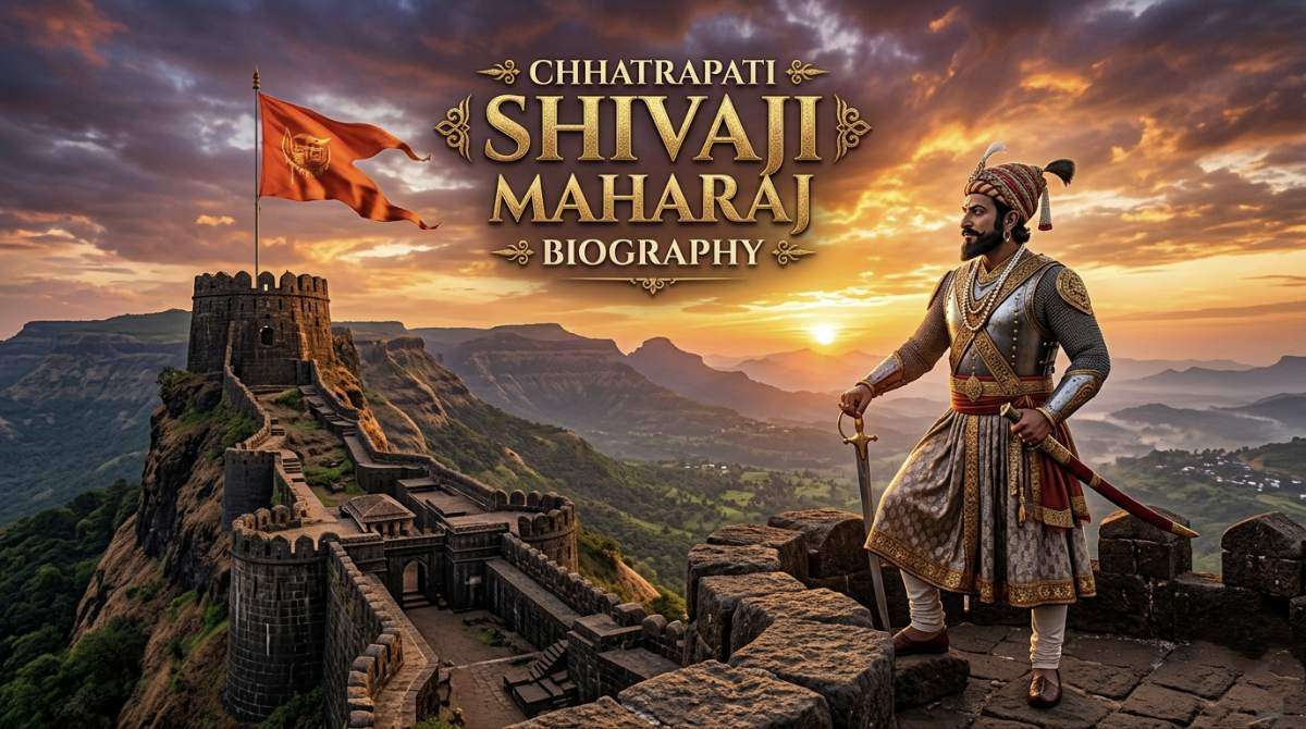 Shivaji Maharaj standing on Raigad Fort with saffron flag and sword