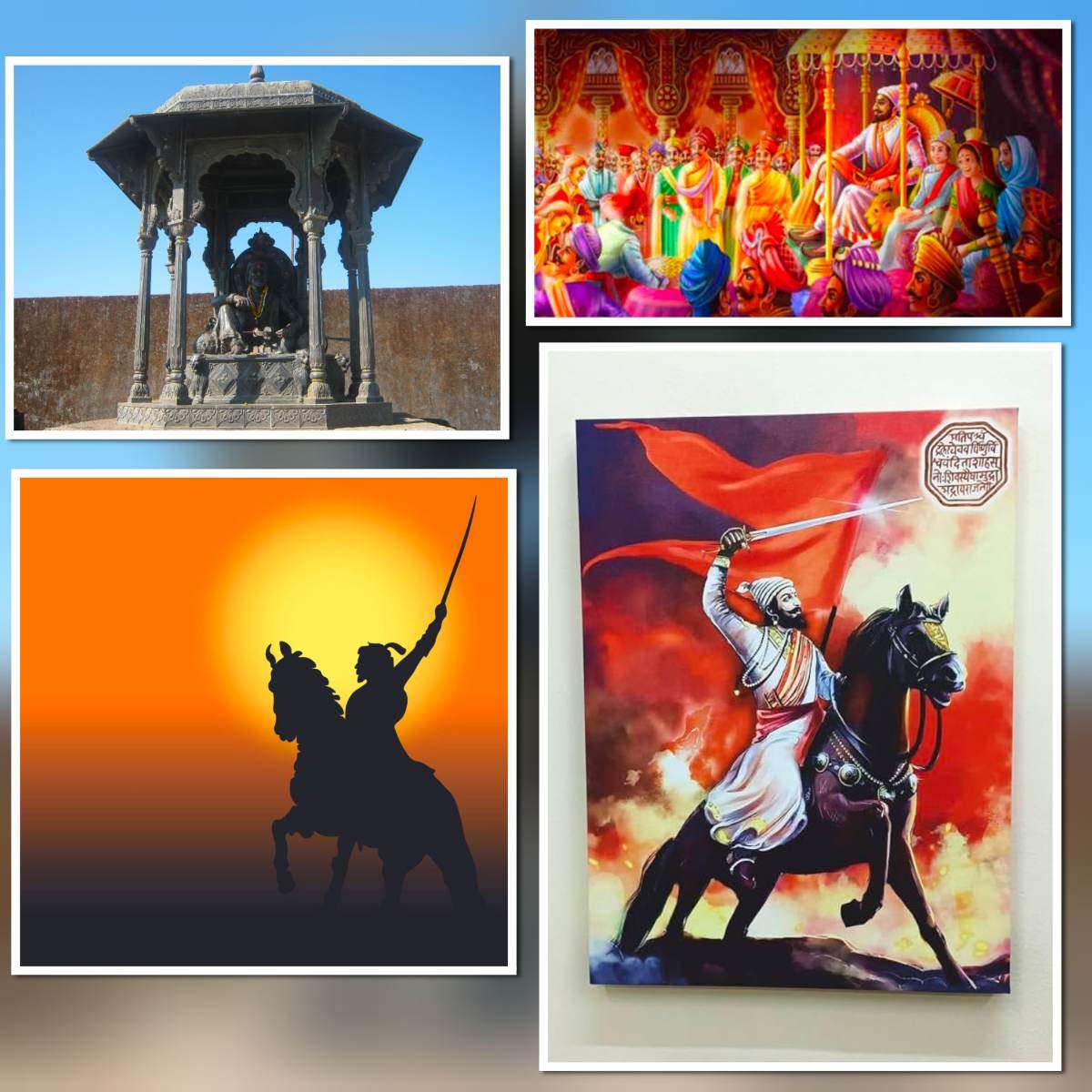 Collage of Chhatrapati Shivaji Maharaj including statue at Raigad Fort, royal coronation painting, warrior silhouette on horse, and saffron flag battle artwork