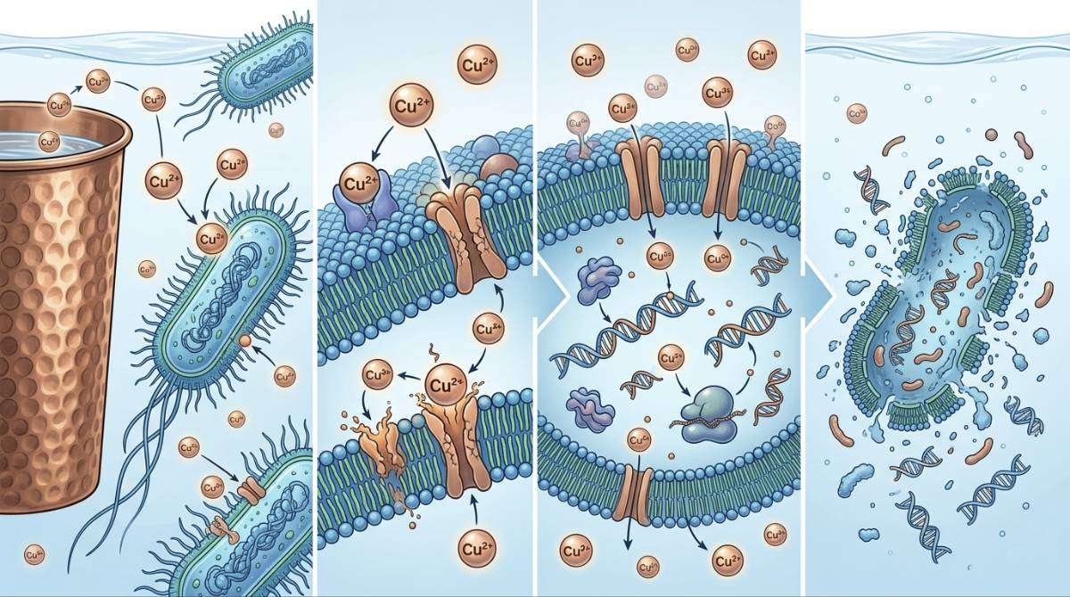 Copper ions interacting with bacteria in water showing antimicrobial action
