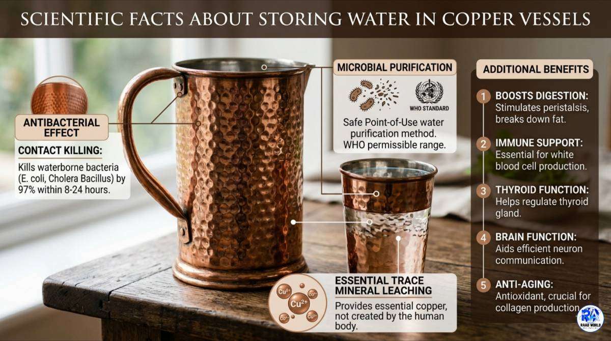 copper-stored water, including its antimicrobial properties, safety limits, and why it is not the purest water.