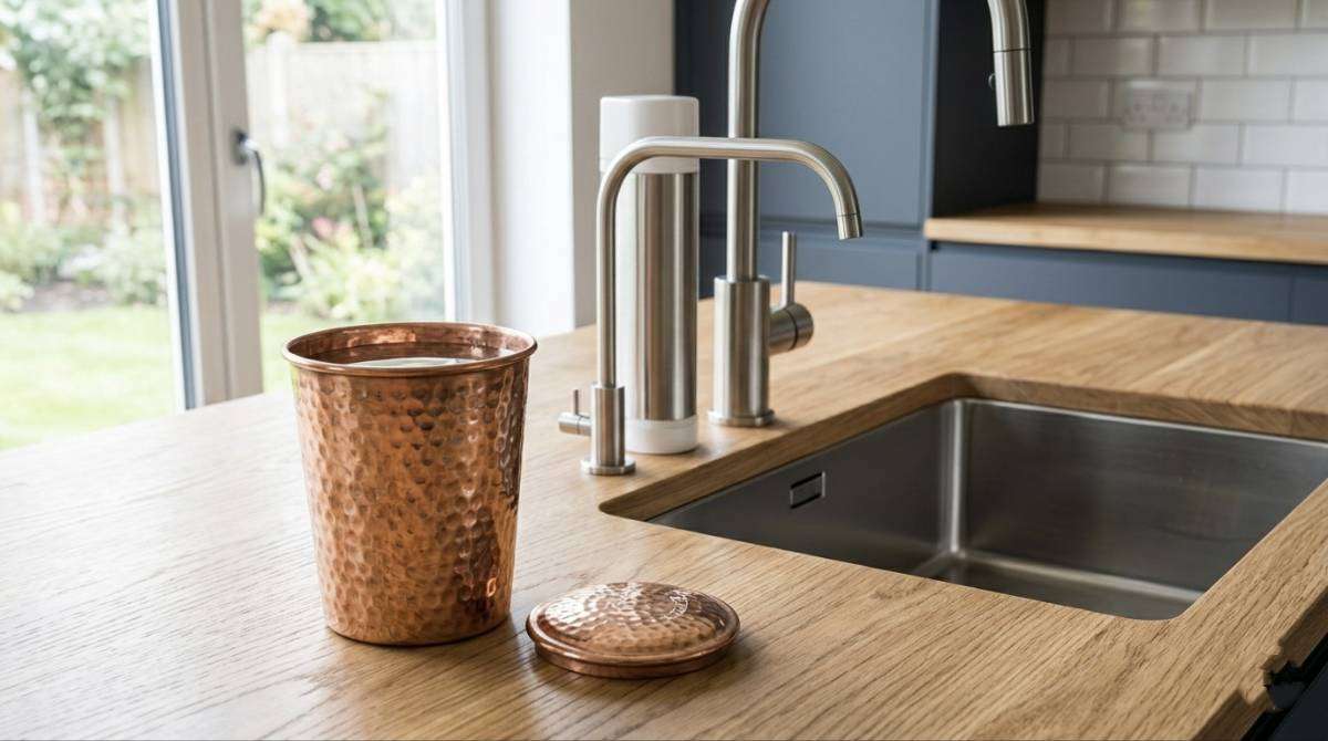 Copper vessel placed near modern water filter showing combined usage