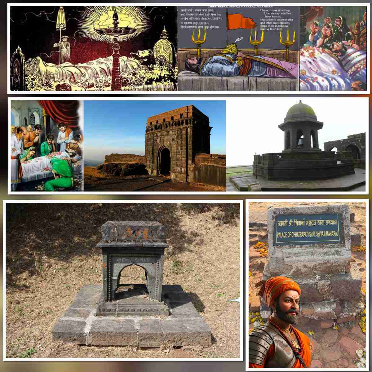 Collage showing death scene illustrations of Shivaji Maharaj, Raigad Fort structures, and samadhi memorial site