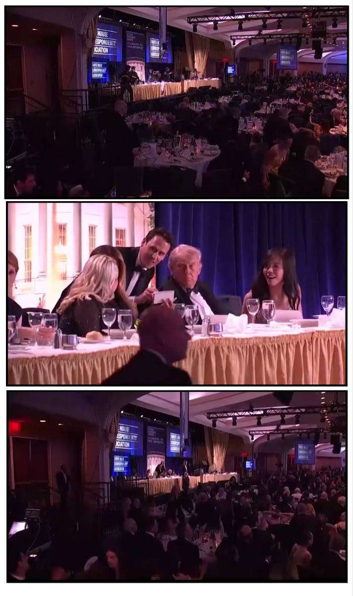 White House Correspondents Dinner event scene showing guests seated during a formal gathering in Washington DC with security presence and Donald Trump at the table