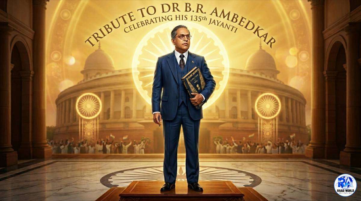 Dr BR Ambedkar holding Constitution of India on 135th Jayanti 2026 tribute image