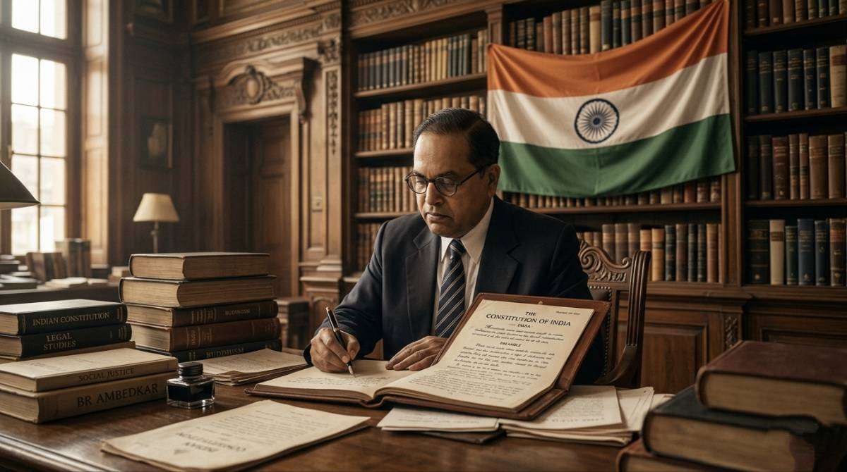 Dr BR Ambedkar writing Constitution of India historical tribute image RAAD WORLD AI Generate Image