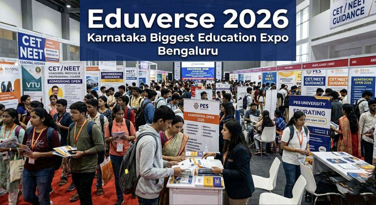 Students exploring booths at Eduverse 2026 education expo in Bengaluru with CET NEET guidance and career counseling