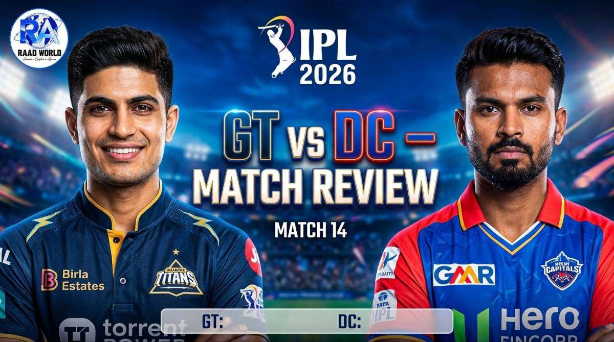 Gujarat Titans vs Delhi Capitals IPL 2026 Match 14 review featured image with players and night stadium lights