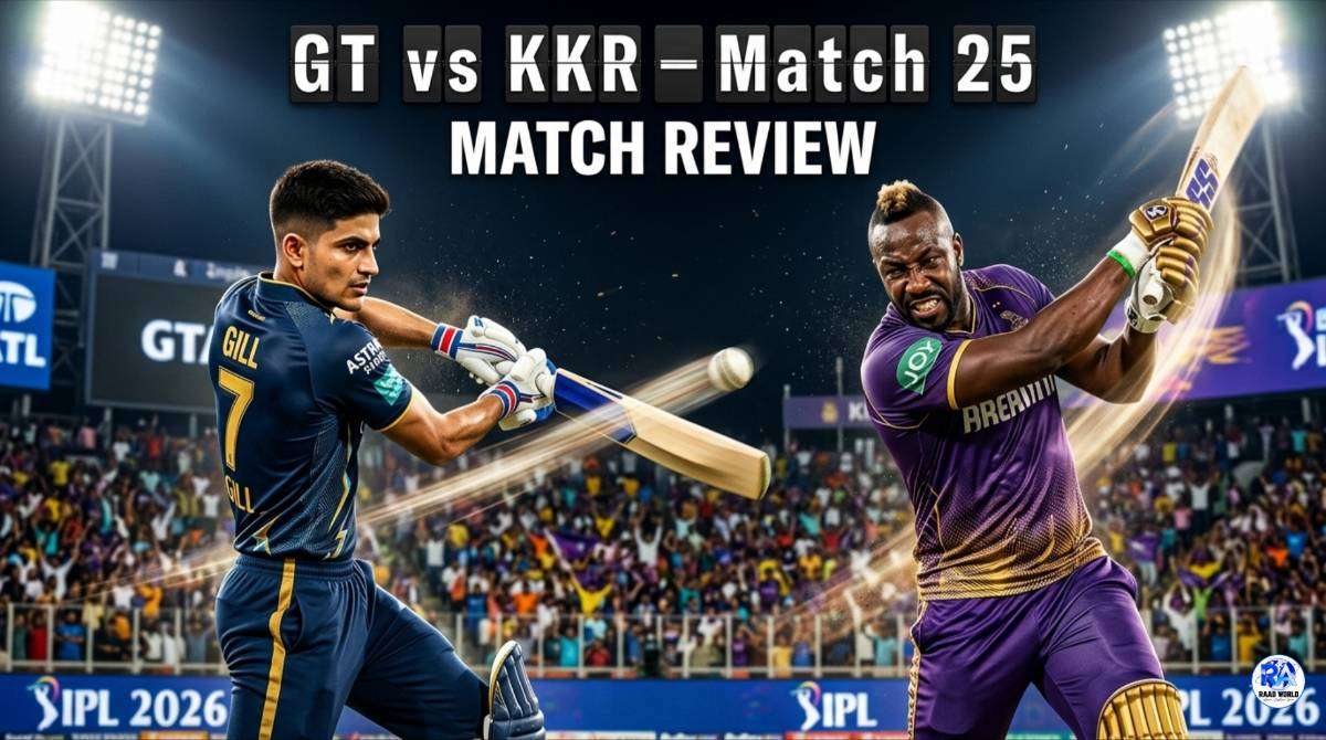 GT vs KKR IPL 2026 match 25 review featuring Shubman Gill leading Gujarat Titans chase against Kolkata Knight Riders in a night stadium