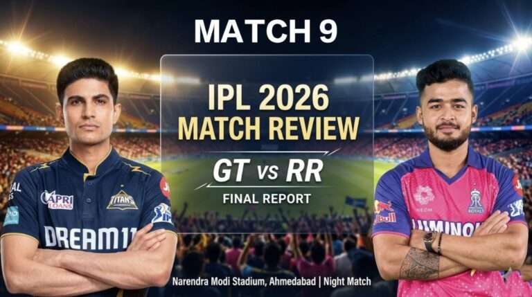 Gujarat Titans vs Rajasthan Royals IPL 2026 match review at Narendra Modi Stadium with players and stadium lights
