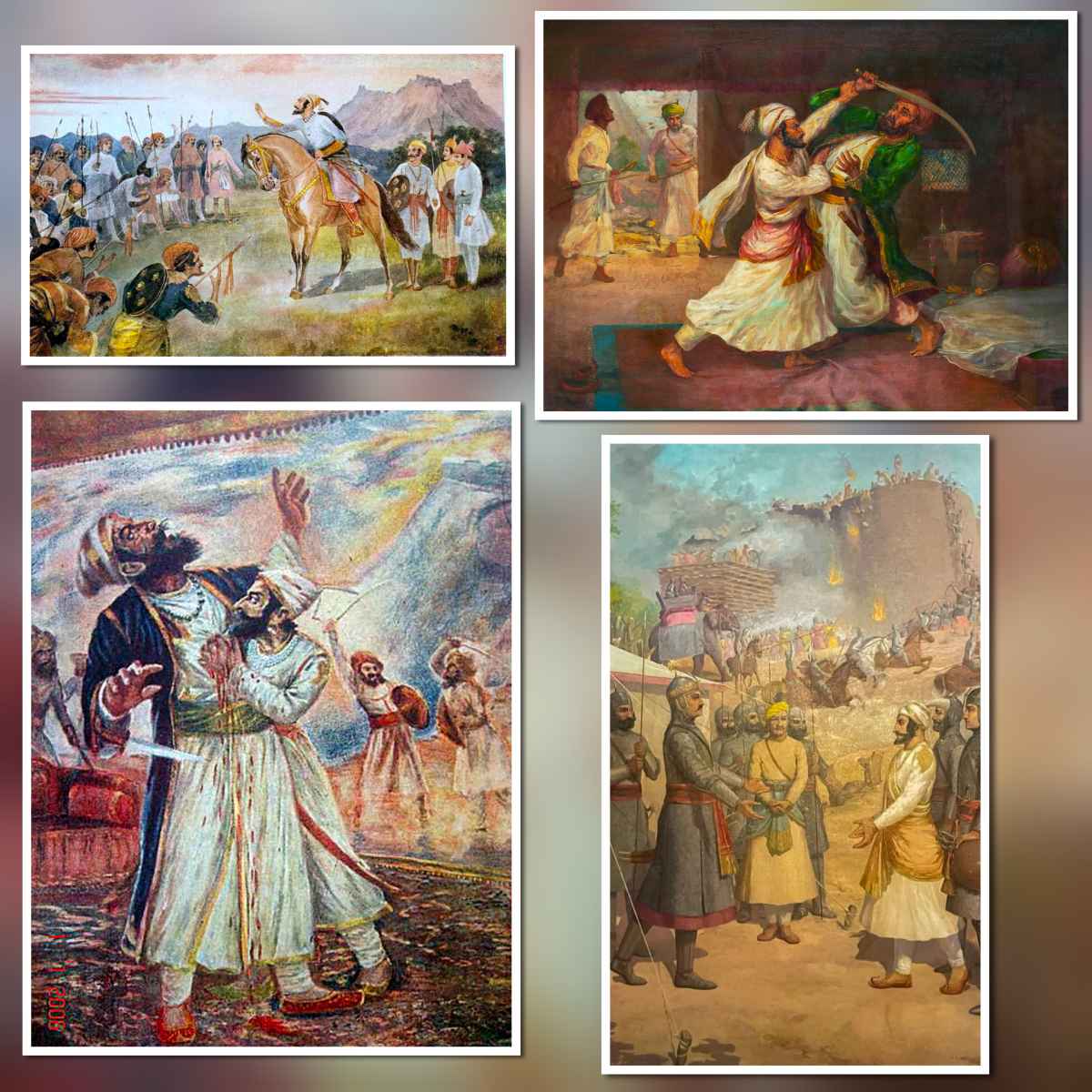 Collage showing major battle scenes of Chhatrapati Shivaji Maharaj including Afzal Khan encounter, Maratha army strategy, and fort warfare illustrations