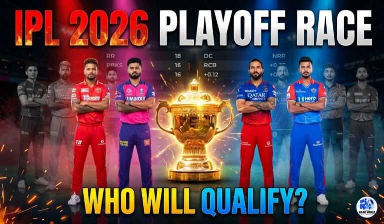 IPL 2026 playoff race featuring all team captains with trophy, points table prediction and qualification scenarios analysis