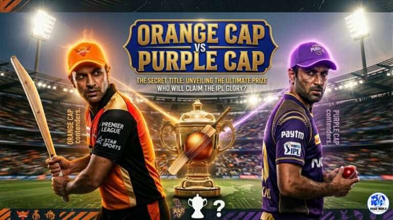 IPL players wearing orange and purple caps representing highest run scorer and highest wicket taker awards in Indian Premier League