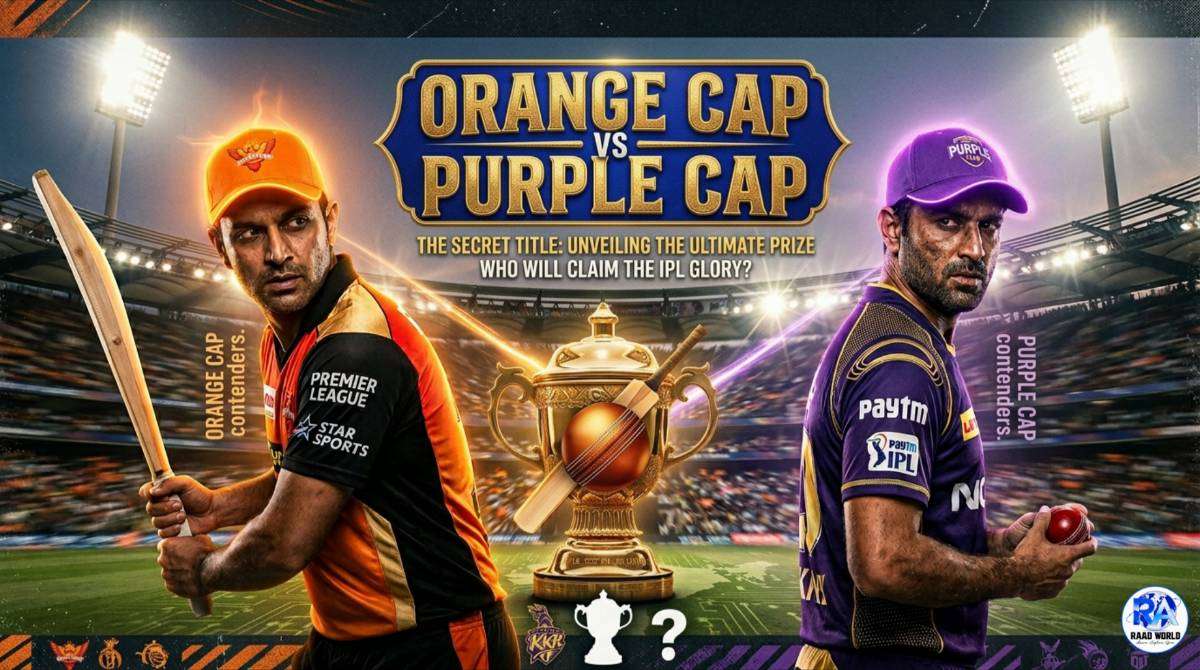IPL players wearing orange and purple caps representing highest run scorer and highest wicket taker awards in Indian Premier League