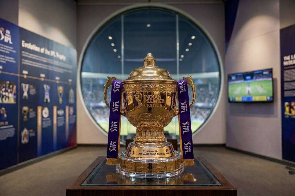 Close-up of IPL trophy with golden shine and stadium background representing IPL 2026 playoff race