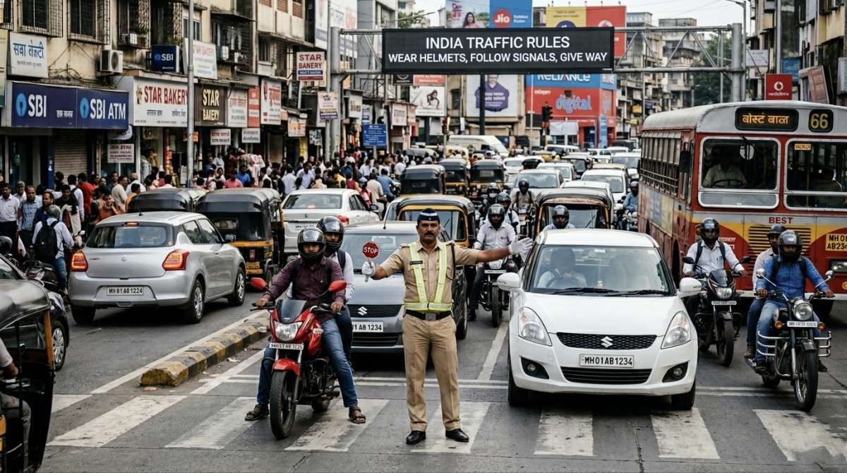 Traffic police checking vehicles in India city road