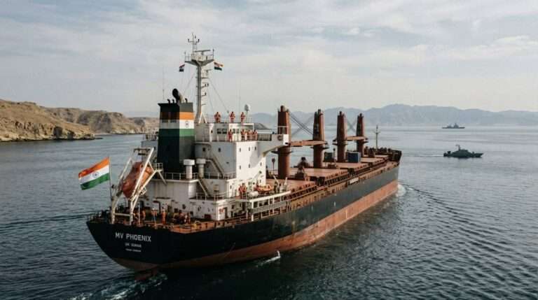 Indian-flagged cargo ship navigating the Strait of Hormuz amid rising maritime security concerns