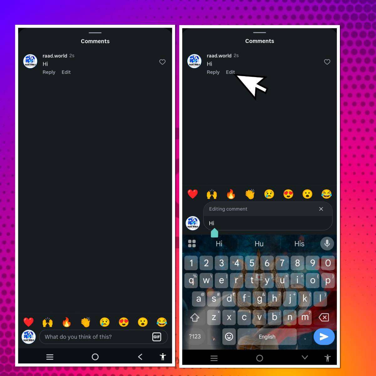 Instagram comment editing feature showing edit option and editing comment interface on mobile screen