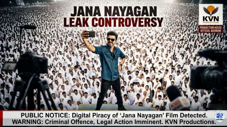 Jana Nayagan movie leak controversy featuring mass leader selfie with crowd background and piracy warning concept