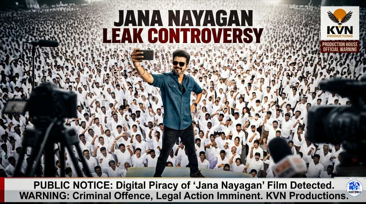 Jana Nayagan movie leak controversy featuring mass leader selfie with crowd background and piracy warning concept
