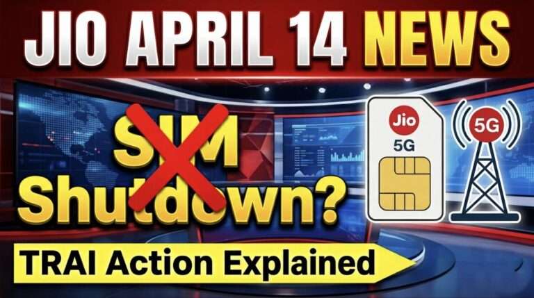 Breaking news graphic showing Jio April 14 update with TRAI action and no SIM shutdown clarification