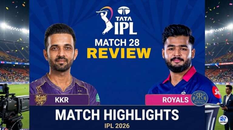 KKR vs RR IPL 2026 match 28 review with players and stadium background