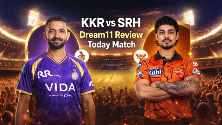 Kolkata Knight Riders vs Sunrisers Hyderabad IPL 2026 match poster with two cricket players in purple KKR and orange SRH jerseys, stadium background with floodlights and crowd during evening match