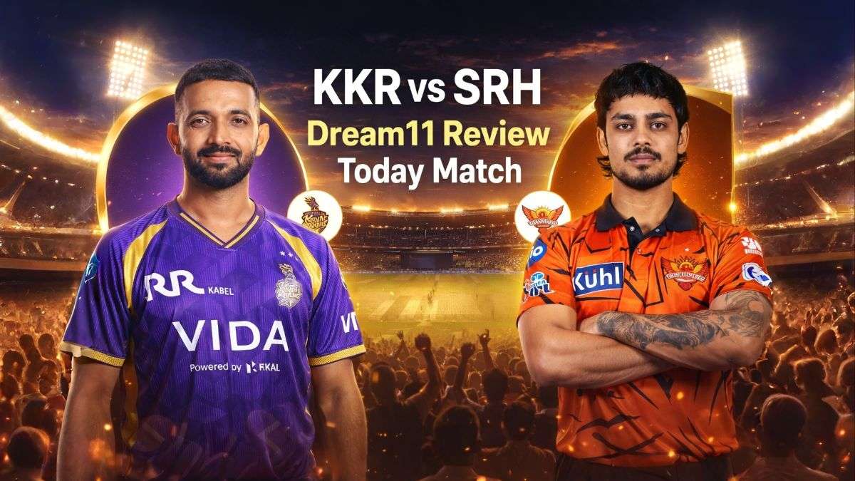 Kolkata Knight Riders vs Sunrisers Hyderabad IPL 2026 match poster with two cricket players in purple KKR and orange SRH jerseys, stadium background with floodlights and crowd during evening match