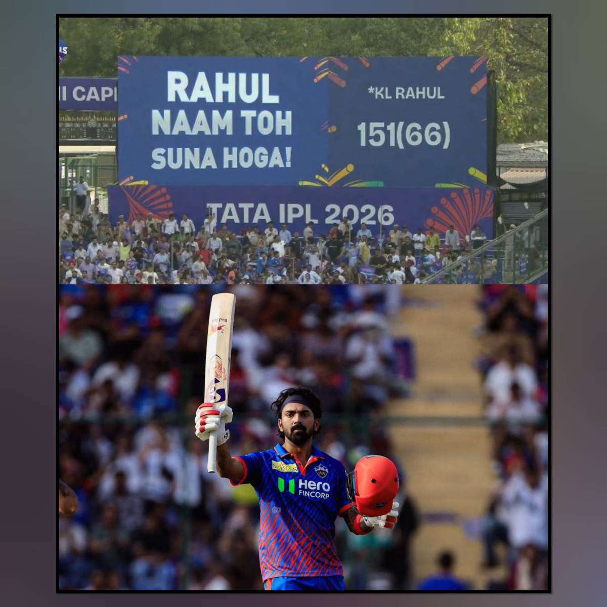 KL Rahul celebrating 151 runs in IPL 2026 match with bat raised, scoreboard showing 151(66) and Tata IPL 2026 banner in stadium background