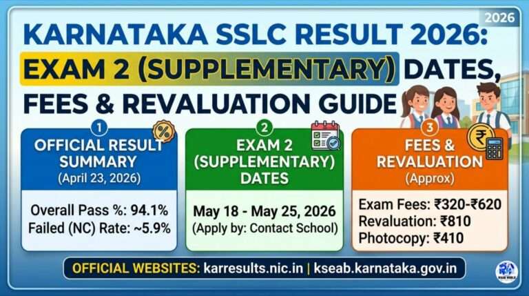 Karnataka SSLC Result 2026 showing 94.1% pass rate, Exam 2 dates from May 18-25, and revaluation fee details.