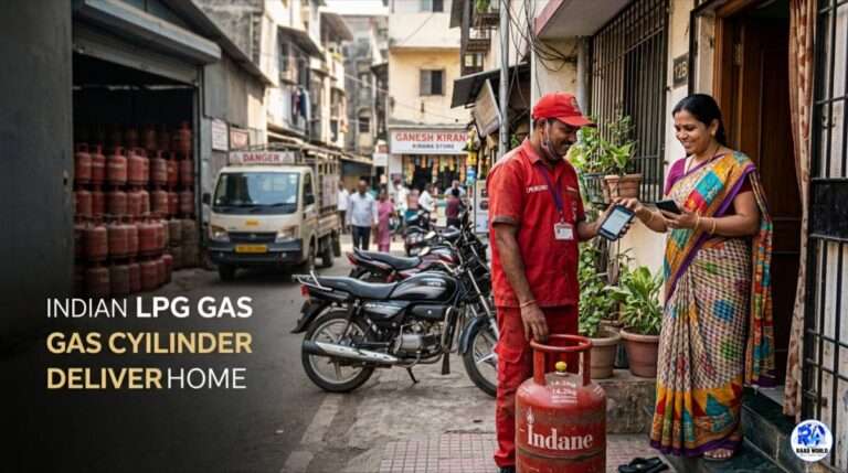 Indian LPG gas delivery with OTP verification showing new LPG rules 2026 and booking gap update