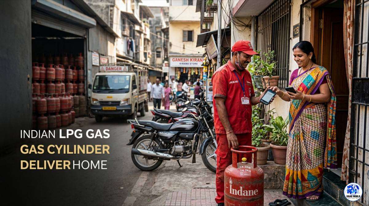 Indian LPG gas delivery with OTP verification showing new LPG rules 2026 and booking gap update