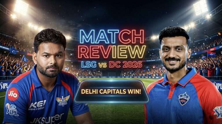 IPL 2026 LSG vs DC match review thumbnail with players, stadium lights and scoreboard highlights