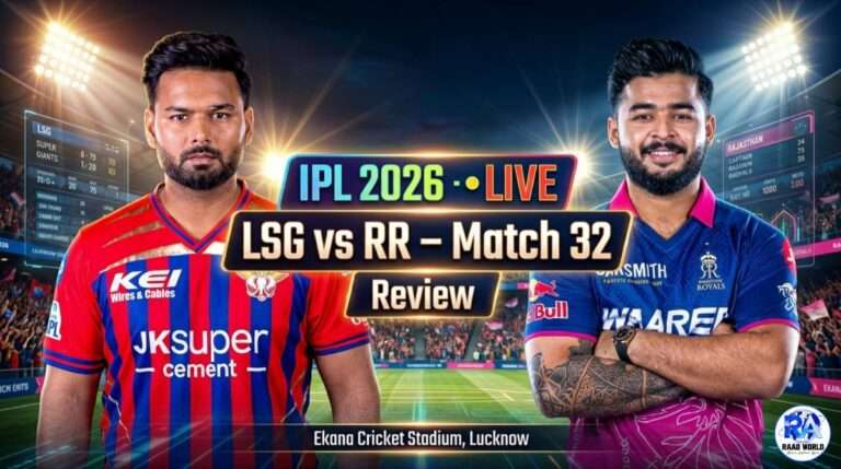 LSG vs RR IPL 2026 Match 32 live poster featuring Lucknow Super Giants and Rajasthan Royals captains at Ekana Stadium Lucknow