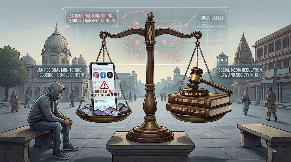 Balance scale showing law versus social media representing government control over online content in Jammu
