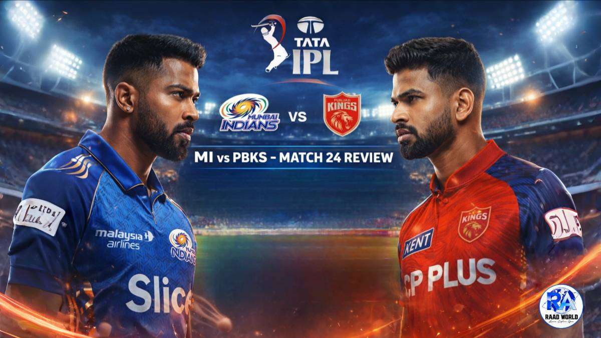 MI vs PBKS IPL 2026 Match 24 review featured image with Mumbai Indians and Punjab Kings players in a stadium background