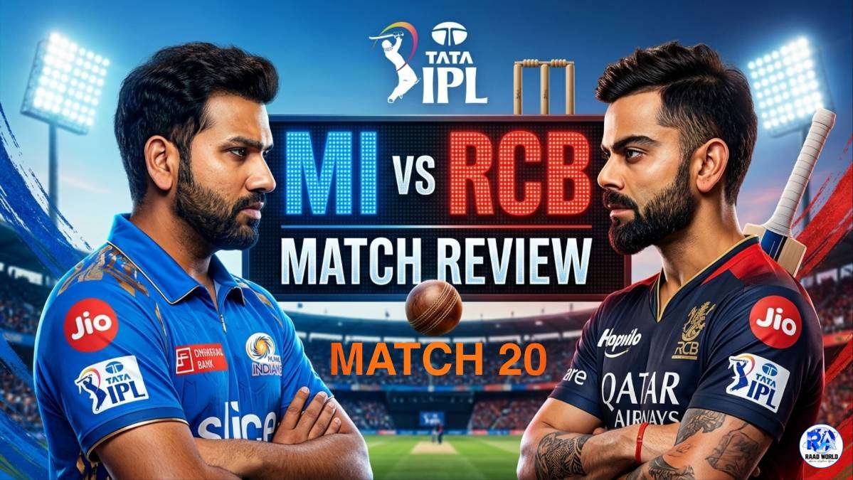 Mumbai Indians vs Royal Challengers Bengaluru IPL 2026 match review thumbnail with players and stadium background