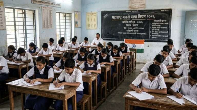 Maharashtra students in classroom with Marathi language rule concept and education policy update