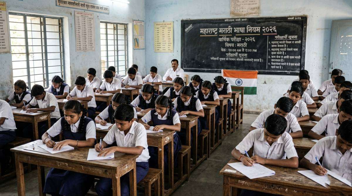 Maharashtra students in classroom with Marathi language rule concept and education policy update