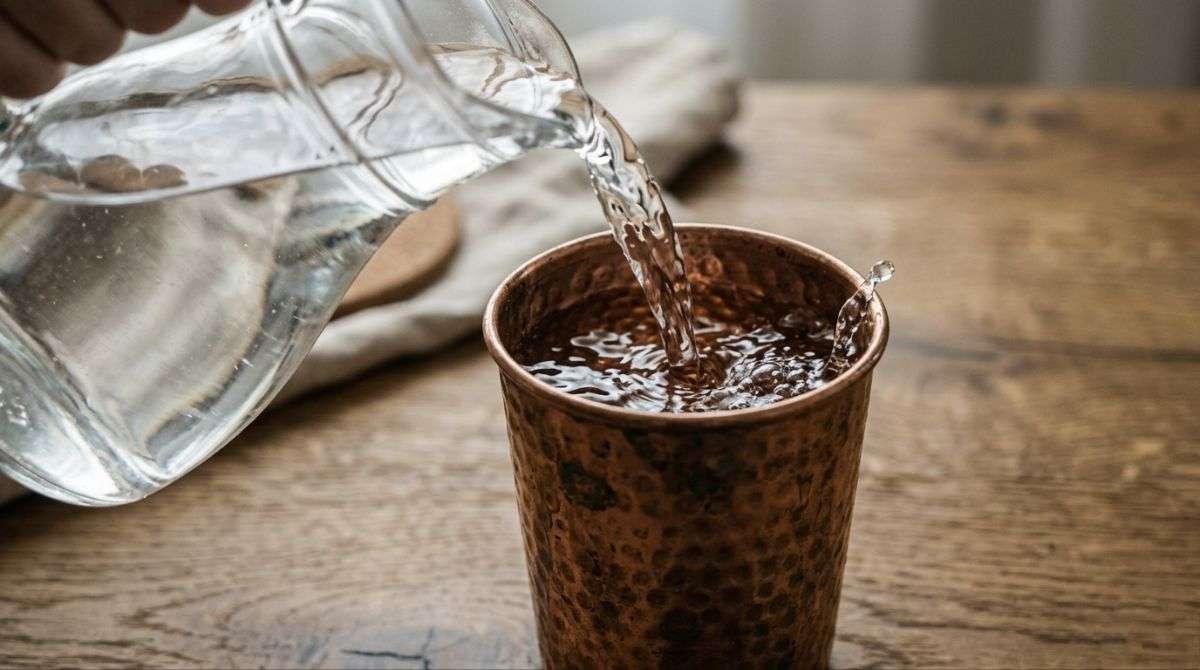 Water being poured into a copper glass showing traditional storage method